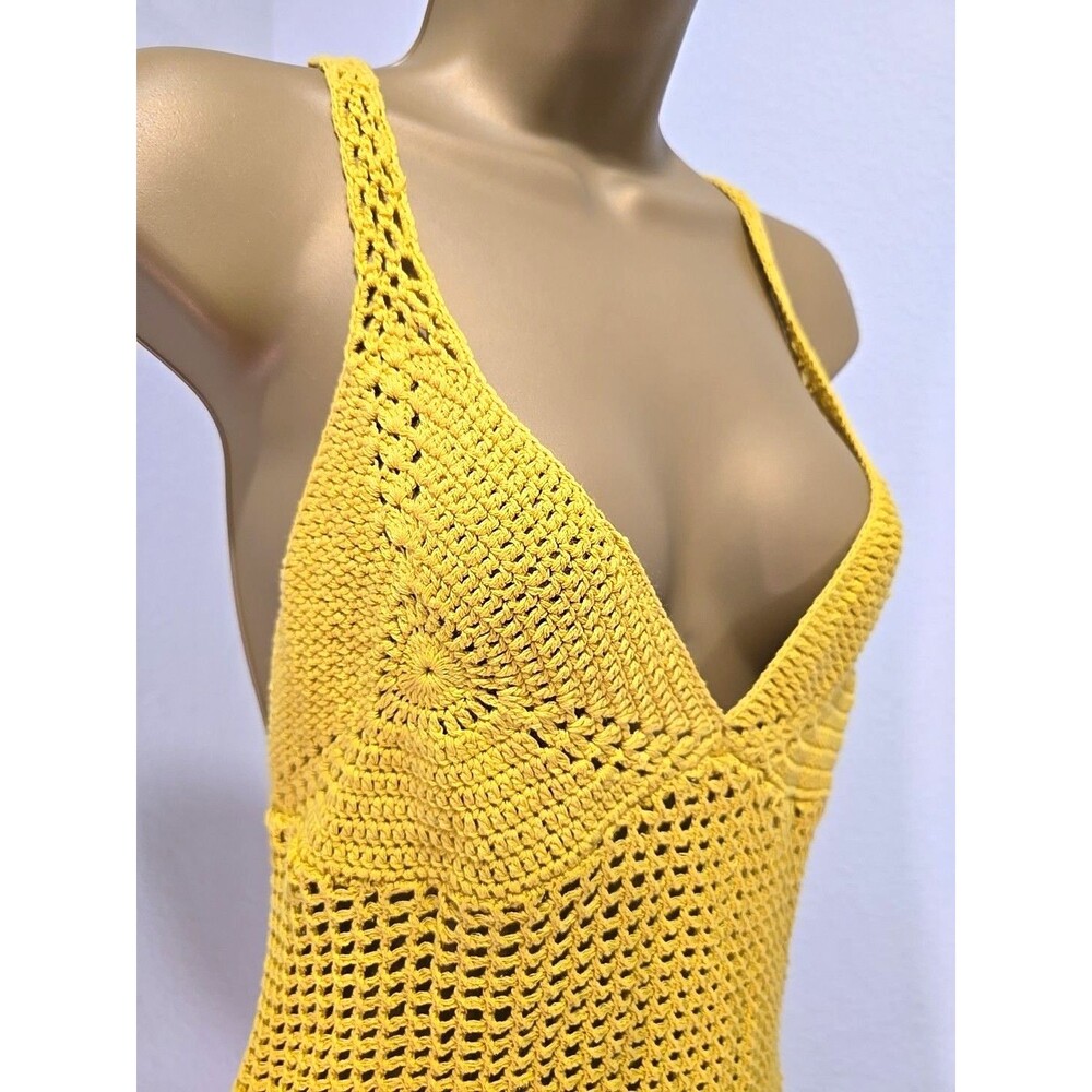 NWT Crochet Cotton Open Knit Babydoll Dress Large Yellow Y2K Beach Boho Festival